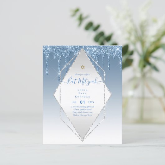 BUDGET Girly Glitzer Glitzern BAT MITVAH Einladung (Stehend Vorderseite)
