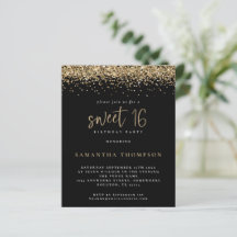 Budget Girly Gold Glitzer Sweet 16 Black Einladung