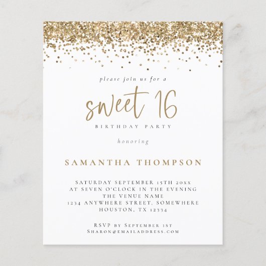 Budget Girly Gold Glitzer Sweet 16 Einladung (Vorderseite)