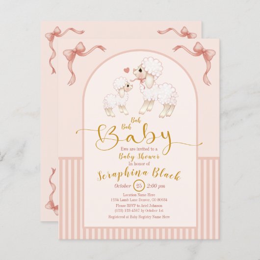 BUDGET Girly Pink Lamb Baby Dusche Einladung (Vorne/Hinten)