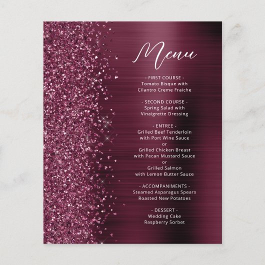 Budget Glam Burgundy Glitzer Script Wedding Menu (Vorderseite)