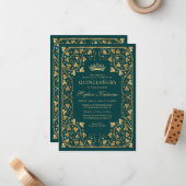 Budget Glam Emerald Green Gold Tiara Quinceanera Mitteilungskarte (Vorderseite/Rückseite Beispiel)