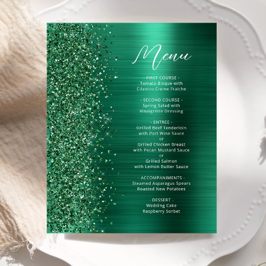 Budget Glam Green Glitzer Script Wedding Menu
