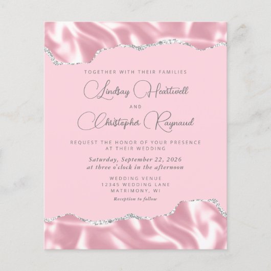 Budget Glam Pink Satin Silver Wedite Einladung (Vorderseite)