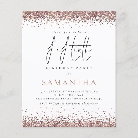 Budget Glam Rose Gold Glitzer 50. Party Einladung (Vorderseite)