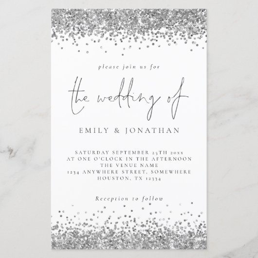 Budget Glam Silver Glitzer Einladung Hochzeit (Vorderseite)