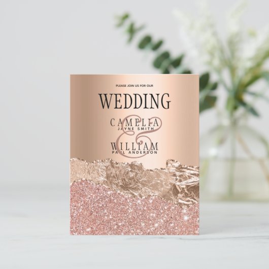 BUDGET Glamour Rose Gold Wedite Einladung (Stehend Vorderseite)