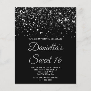 Budget Glittery Black Sweet 16 Einladung