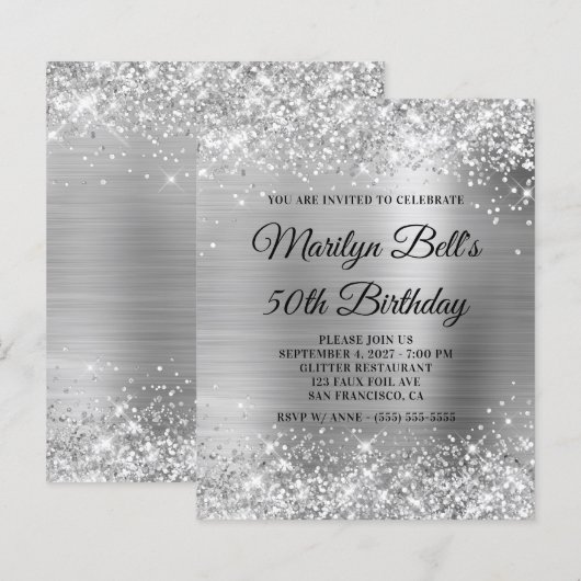 Budget Glittery Silver 50. Geburtstag Einladung (Vorne/Hinten)