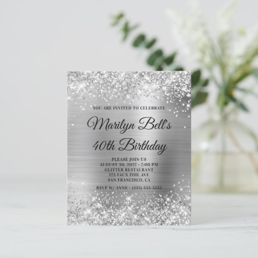 Budget Glittery Silver Girly Foil Einladung (Stehend Vorderseite)