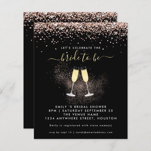 Budget Glitzer Champagne Bridal Dusche Einladung (Vorne/Hinten)