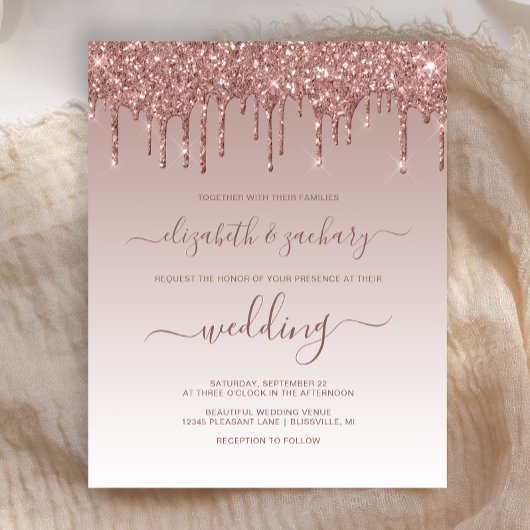Budget Glitzer Tropfen Rose Gold Hochzeit Einladun