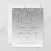 Budget Glitzer Tropfen Silver Sweet 16 Einladung (Vorderseite)