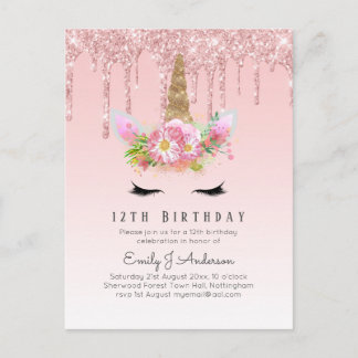 Budget Glitzer Unicorn 12. Geburtstag Pink Gold Postkarte