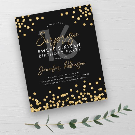 Budget Gold Black Confetti Überraschung Sweet 16