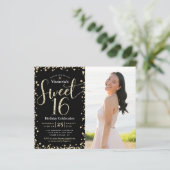 Budget Gold Black Glitzer Foto Sweet 16 Einladung (Stehend Vorderseite)