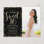 Budget Gold Black Glitzer Foto Sweet 16 Einladung (Vorderseite)