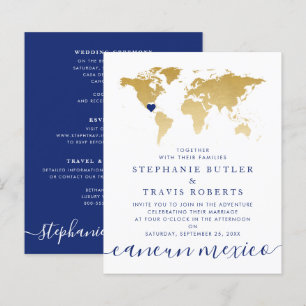 Budget Gold Blue Map Hochzeit in Urlaubsort Einlad