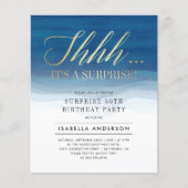 Budget Gold & Blue Watercolor Überraschung Geburts (Vorderseite)