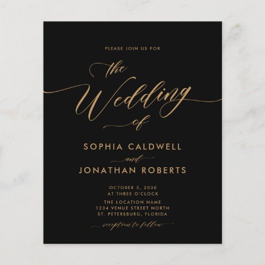 Budget Gold Calligraphy Black Wedding Einladung (Vorderseite)
