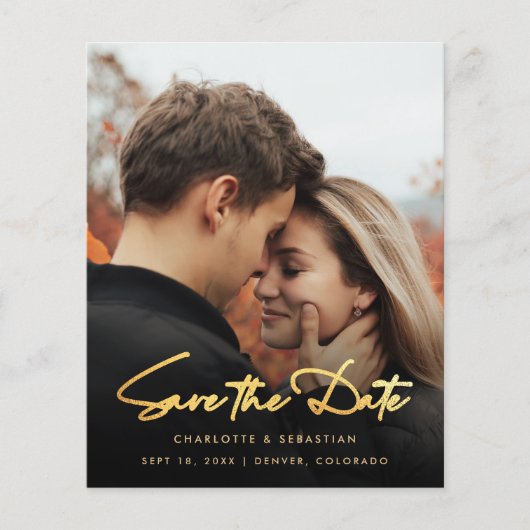 Budget Gold Calligraphy Foto Save the Date Card Flyer (Vorne)