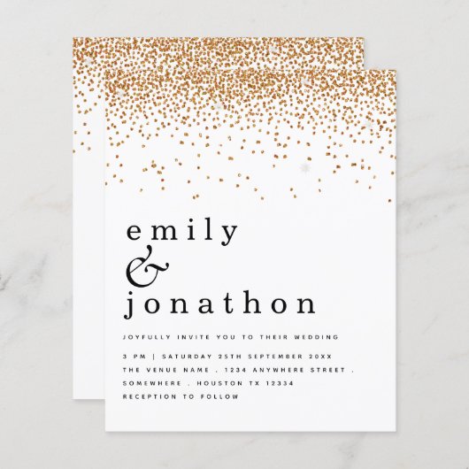 Budget Gold Confetti Glitzer Hochzeit Einladung (Vorne/Hinten)