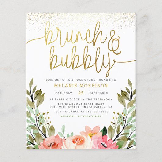 Budget Gold Floral Brunch & Bubbly Bridal Shower (Vorderseite)