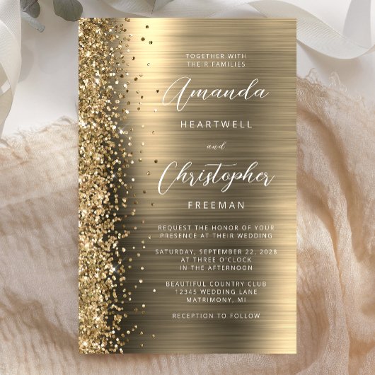 Budget Gold Glam Glitzer Hochzeitseinladung