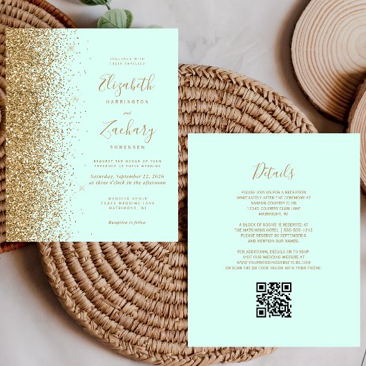 Budget Gold Glitter Mint Green QR Code Wedding