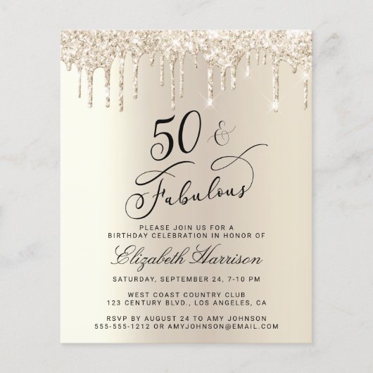Budget Gold Glitzer 50. Geburtstag Einladung (Vorderseite)