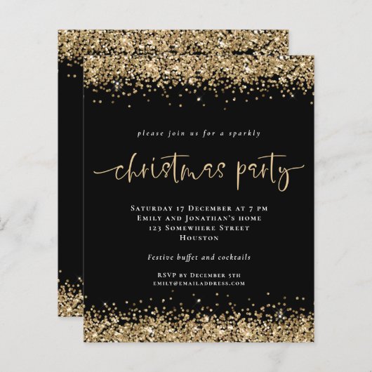 Budget Gold Glitzer Black Christmas Party Einladun (Vorne/Hinten)
