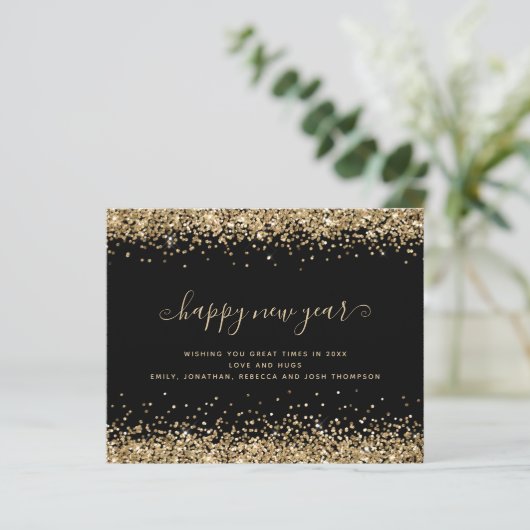 Budget Gold Glitzer Black Happy New Year Card (Stehend Vorderseite)