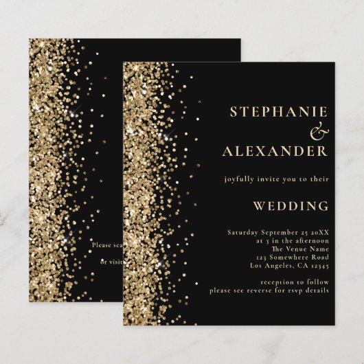 Budget Gold Glitzer Black QR Code Einladung Hochze (Vorne/Hinten)