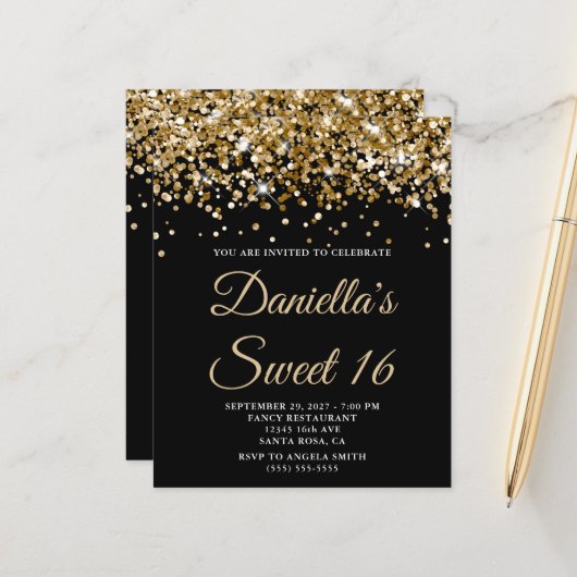 Budget Gold Glitzer Black Sweet 16 Einladung (Vorderseite/Rückseite Beispiel)