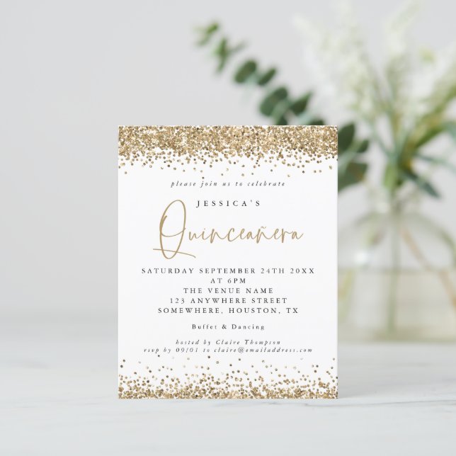 Budget Gold Glitzer Border Quinceanera Einladung (Stehend Vorderseite)
