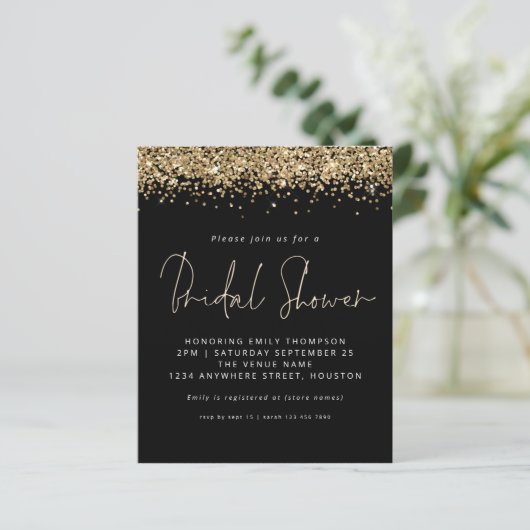 Budget Gold Glitzer Brautparty Schwarze Einladung (Stehend Vorderseite)