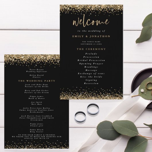 Budget Gold Glitzer Confetti Black Wedding Program