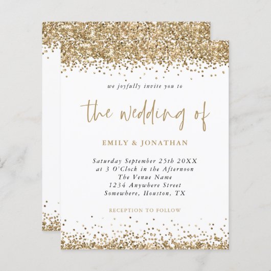 Budget Gold Glitzer Confetti Hochzeit Einladung (Vorne/Hinten)