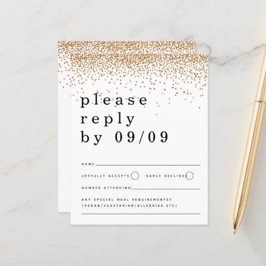 Budget Gold Glitzer Confetti Script Wedding RSVP (Vorderseite/Rückseite Beispiel)