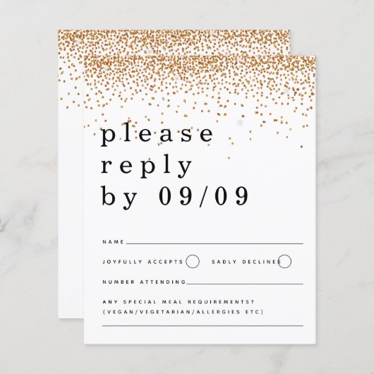 Budget Gold Glitzer Confetti Script Wedding RSVP (Vorne/Hinten)