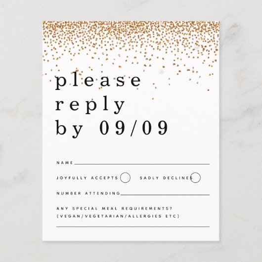 Budget Gold Glitzer Confetti Script Wedding RSVP (Vorderseite)