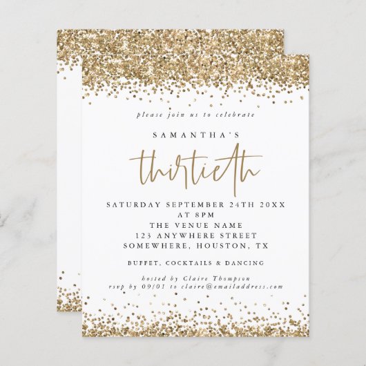 Budget Gold Glitzer Dreißigste Party Einladung (Vorne/Hinten)