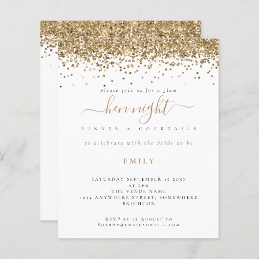 Budget Gold Glitzer Hen Night Einladung (Vorne/Hinten)