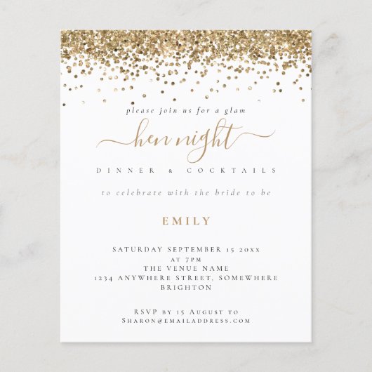Budget Gold Glitzer Hen Night Einladung (Vorderseite)