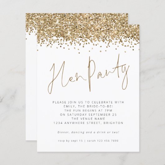 Budget Gold Glitzer Hen Party Einladung (Vorne/Hinten)