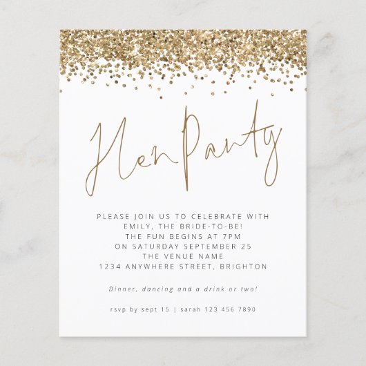 Budget Gold Glitzer Hen Party Einladung (Vorderseite)
