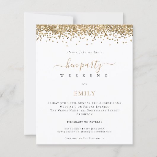 Budget Gold Glitzer Hen Weekend Einladung (Vorderseite)