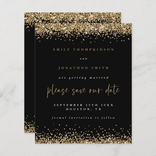 Budget Gold Glitzer Hochzeit Save the Date Schwarz (Vorne/Hinten)