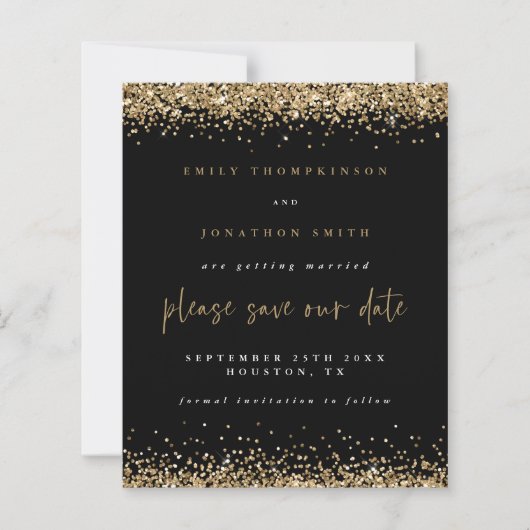 Budget Gold Glitzer Hochzeit Save the Date Schwarz (Vorderseite)