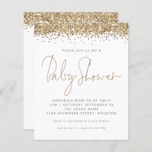 Budget Gold Glitzer Kinderdusche Einladung (Vorne/Hinten)